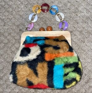 Cute Faux Fur Multicolor Letters & Numbers Print, Wood, Gold, Shell Handbag